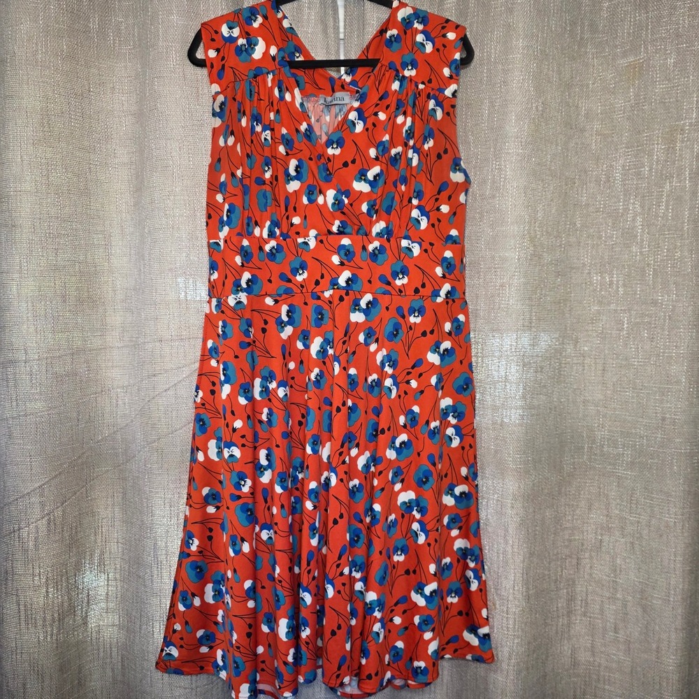 Karina Dresses Orange Floral Pansy Sleeveless V-Neck Pocket Midi Dress XL Retro